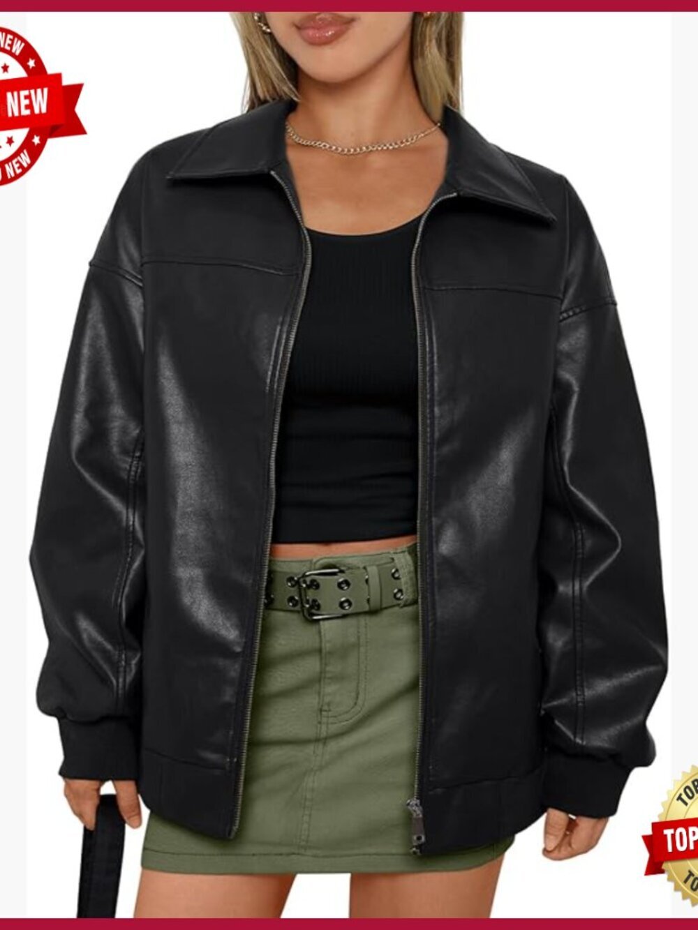 Oversized Faux Leather Bomber Jacket with Zip Up, Side Pockets